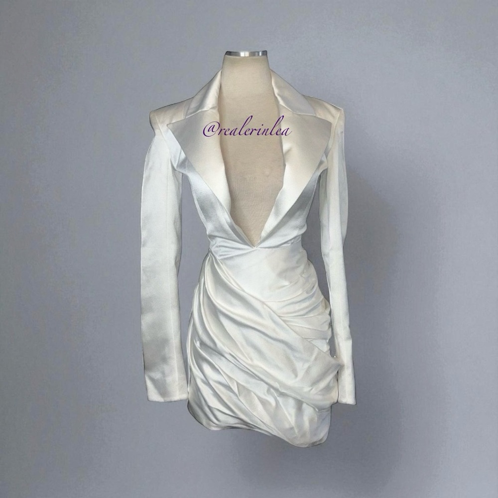 Balmain Plunge-Neck Deep V Satin Dress Mini Blazer White EU 34 0 2 NWT Authentic